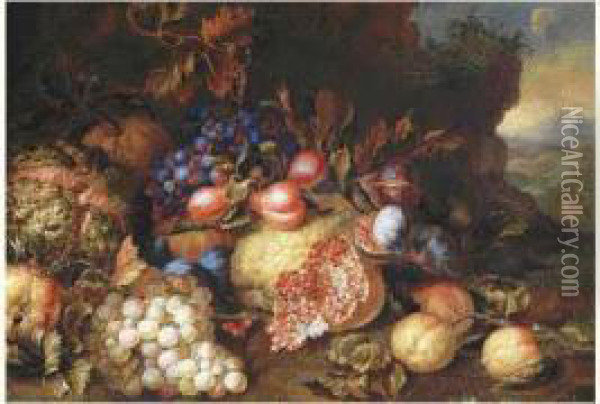 Composition Aux Raisins, Grenades Et Figues Sur Fond De Paysage Oil Painting - Pietro Navarra