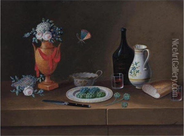Still Lifes With Fruit, Wine, 
Floral Bouquets, And Table Decorations: A Group Of Four Works Oil Painting - Johann Rudolf Feyerabend