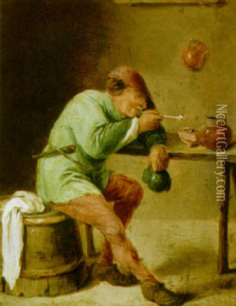 A Man Drinking And Smoking At A Table Oil Painting - Adriaen Brouwer