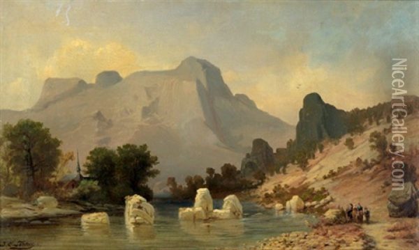 Ansicht Eines Gebirgssees In Den Alpen Mit Wanderern Am Ufer Oil Painting - Friedrich (Carl Johann Fr.) Sommer