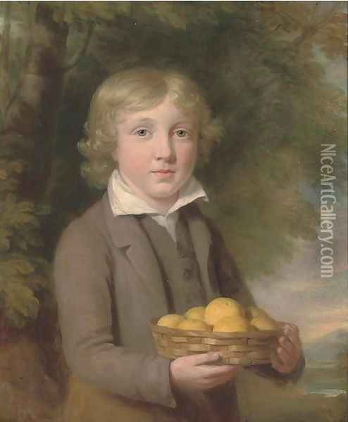 Portrait of a boy, half-length, wearing a brown suit and holding a basket of apples Oil Painting - Sir William Beechey