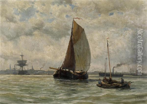 Segelschiff Vor Hafen. 1881. Oil Painting - George Laurens Kiers