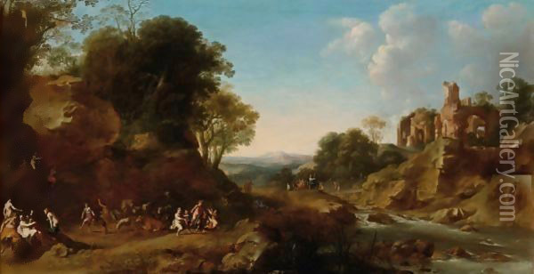 An Extensive Italianate Landscape With A Bacchanale, Other Bacchantes On A Bridge In The Background Near Ruins On A Hill Oil Painting - Dirck van der B Lisse