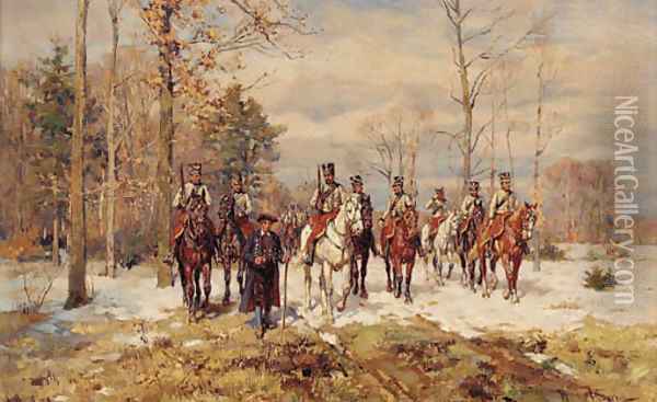 German cavalry in a winter landscape Oil Painting - Wilhelm Velten