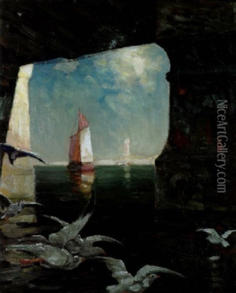A View Of A Sailboat From Beneath A Bridge (no.111) Oil Painting - Frank Coburn