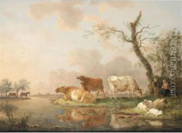 A River Landscape With Cattle Oil Painting - Jean-Baptiste De Roy