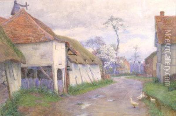 Ducks On A Village Road Oil Painting - Florence Fitzgerald