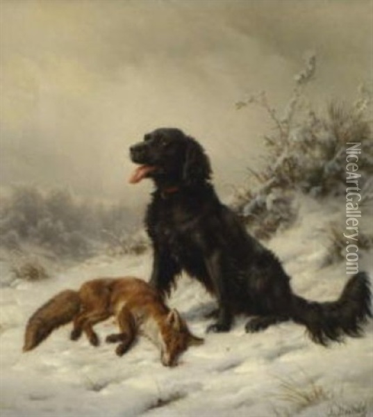 Jagdhund Mit Erlegtem Fuchs In Winterlandschaft Oil Painting - Johannes Christian Deiker