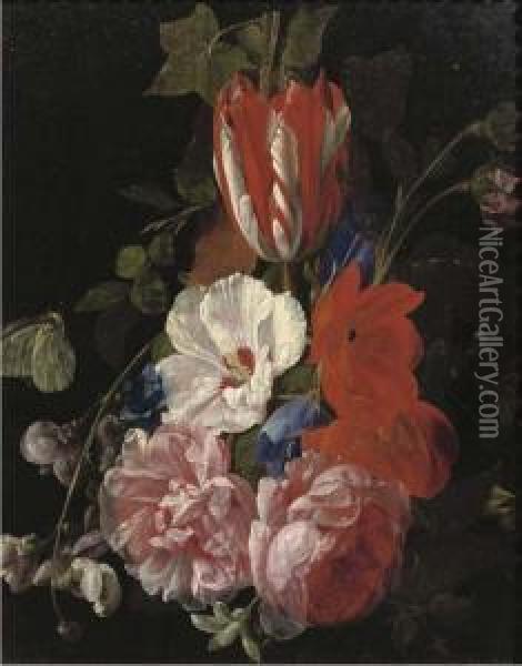 Roses, Tulips, Poppies And Other Flowers With Butterflies: A Fragment Oil Painting - Nicolas Van Veerendael
