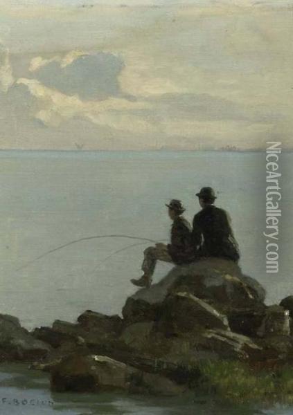 Two Fishermen On The Lake. Oil Painting - Francois Bocion