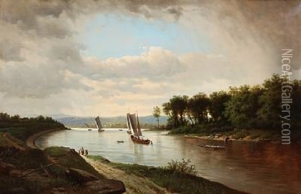 River Landscape With Sailing Ships Oil Painting - Adolf Chwala