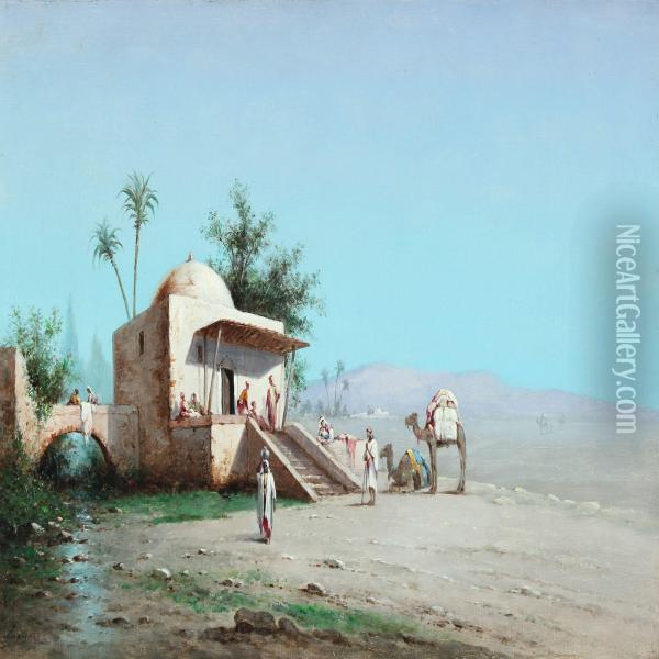 Bedouins Taking A Rest On The Outskirts Of The Desert Oil Painting - Jean Baptiste Paul Lazerges