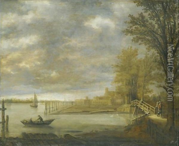 Landscape With A View Of Dordrecht From The South With A Lumber Yard Oil Painting - Aelbert Cuyp