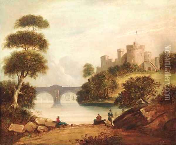 Figures by a river with a hilltop castle beyond Oil Painting - English School