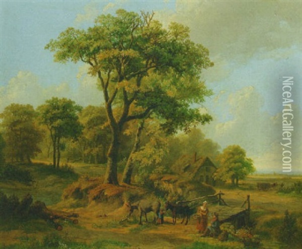 A Wooded Summer Landscape With Figures And Mules Near A Wooden Bridge Oil Painting - Jan Hendrik Breyer