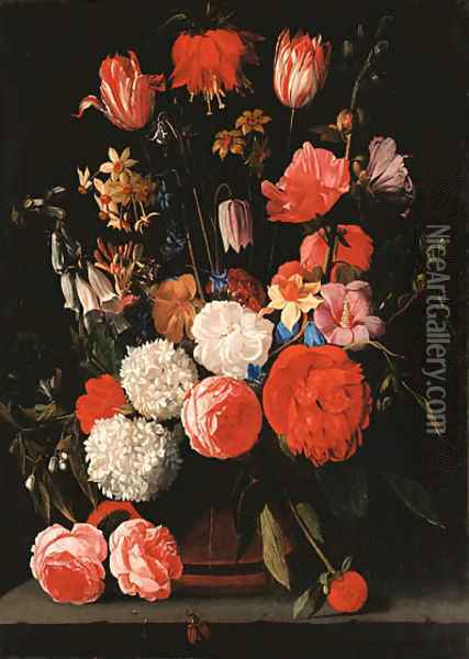 Roses, parrot tulips, narcissi, dahlias and other flowers in a vase on a stone shelf Oil Painting - Bartolome Van Winghe