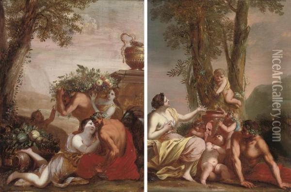 A Bacchanal; And An Amorous Couple With Putti Disporting Oil Painting - Gerard de Lairesse