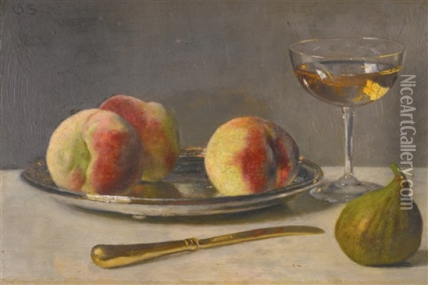 Still Life With Peaches And Fig Oil Painting - Otto Franz Scholderer