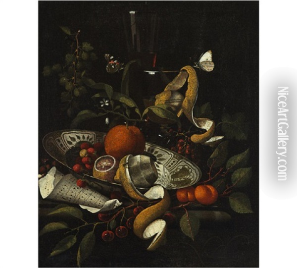 Nature Morte With Lemons, Porcelain Dish, A Sheet Of Music And Butterflies Oil Painting - Martinus Nellius