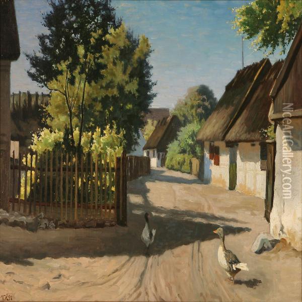 Summer Day With Geese On A Road In Gilleleje, Denmark Oil Painting - Viggo Helsted