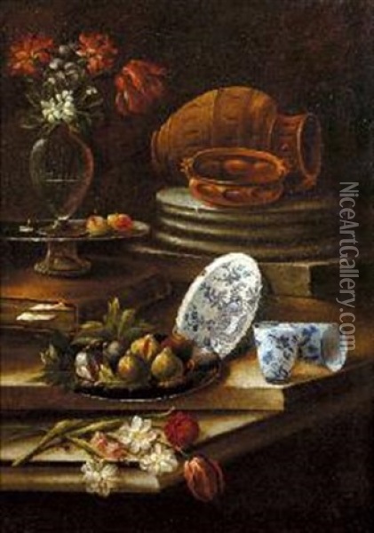 Natura Morta Con Frutti, Vaso Fiorito E Stoviglie And Natura Morta Con Frutti E Ceramiche (2 Works) Oil Painting - Cristoforo Munari