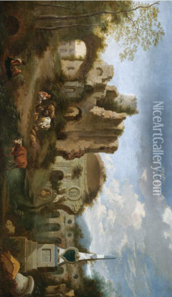 An Italianate Landscape With Figures Amongst Classical Ruins Oil Painting - Jan Griffier