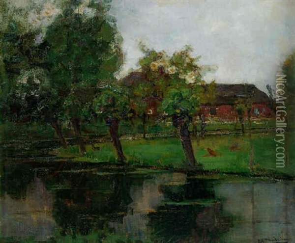 The Gein: Farmhouse With Trees Oil Painting - Piet Mondrian
