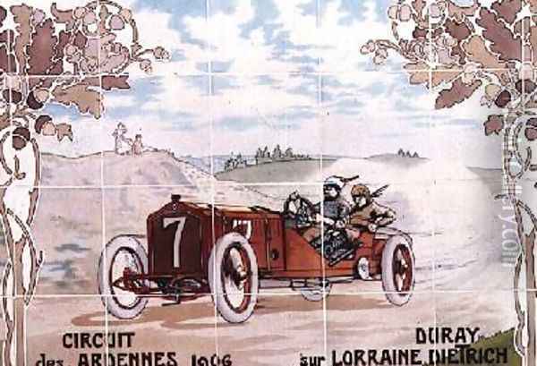 Duray driving a Lorraine Dietrich car in the Circuit des Ardennes of 1906 ceramic tiles manufactured by Gilardoni Fils et Cie of Paris Oil Painting - Ernest Montaut