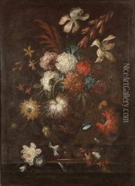 Irises, Morning Glory, A Snowball And Carnations In A Bronze Urn On A Ledge Oil Painting - Karel Van Vogelaer, Carlo Dei Fiori