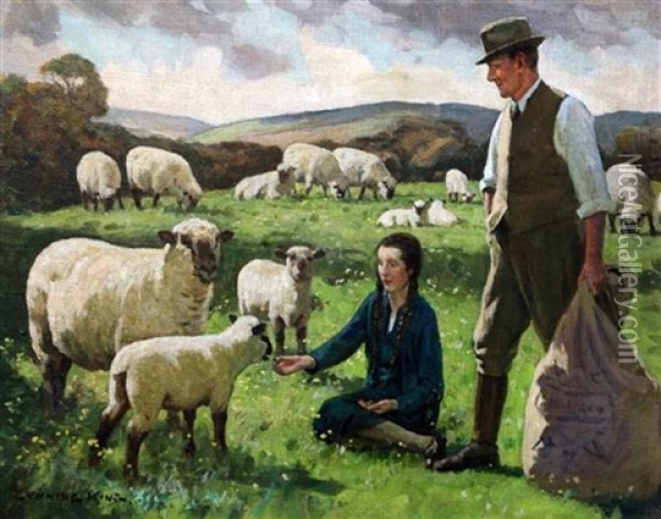 Farmer And Daughter Feeding Lambs Oil Painting - William Gunning King
