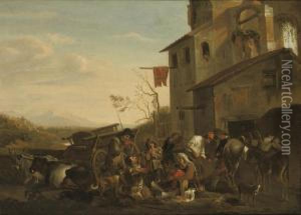 Peasants Eating Outside A Town In An Italianate Landscape Oil Painting - Pieter Van Laer (BAMBOCCIO)