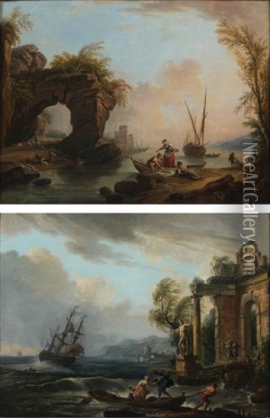 Scenes De Port Mediterraneen (2 Works) Oil Painting - Jean Baptiste Lallemand