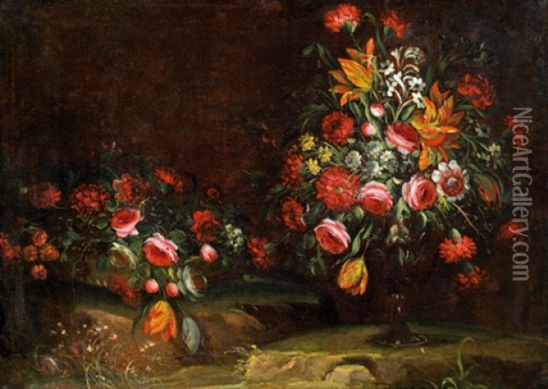 Stillleben Mit Blumen In Einem Korb Und Blumenstraus In Einer Kristallvase Oil Painting - Margherita Caffi