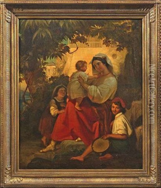 Sudlandische Mutter Mit Ihren Drei Kindern Unter Einem Schattenspendenden Baum Oil Painting - Wilhelm Volkhart
