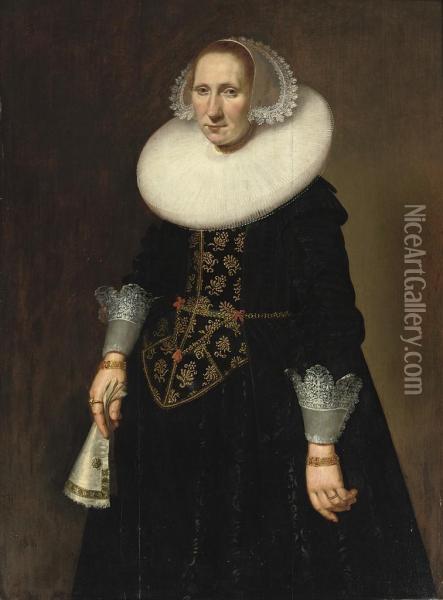 Portrait Of A Lady, Three-quarter-length, In A Gold Embroideredblack Dress With Lace Cuffs And A 'molensteenkraag', Holding Awhite Glove In Her Right Hand Oil Painting - Nicolaes (Pickenoy) Eliasz