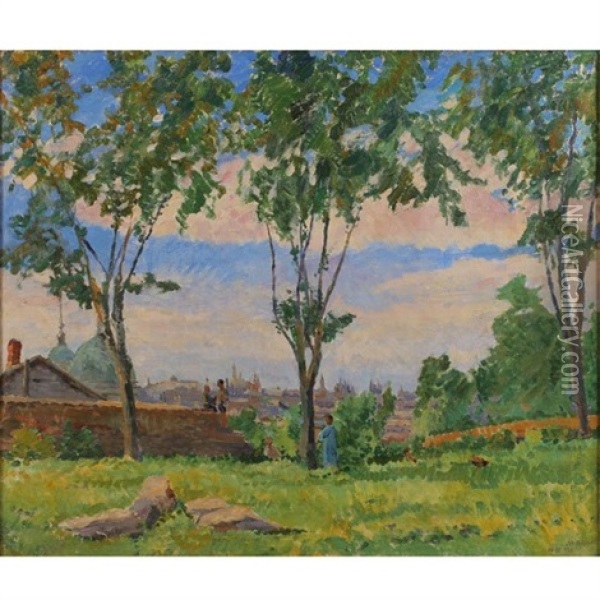 Spring: Figures In Landscape With Village Behind Oil Painting - Mikhail Nikolaevich Yakovlev