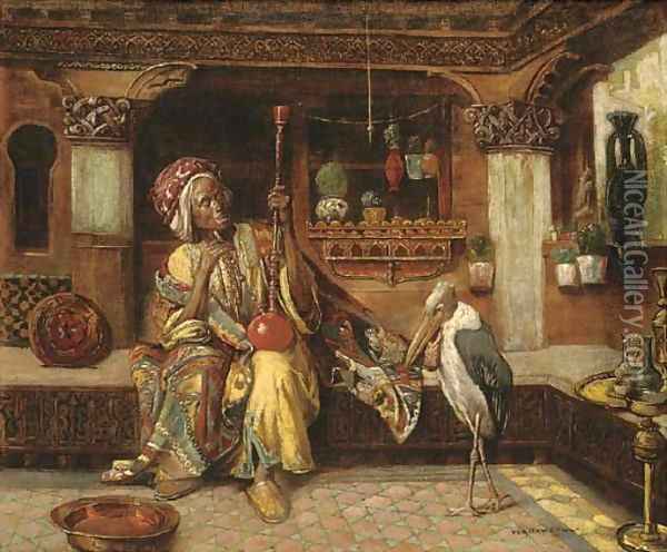 Oriental smoker with hookah and marabou Oil Painting - Gyula Tornai