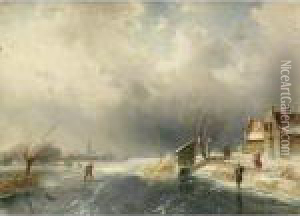 Figures In A Winter Landscape Oil Painting - Charles Henri Leickert