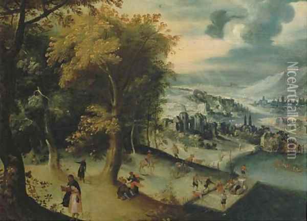 A mountainous river landscape with travelling pilgrims, towns beyond Oil Painting - Lucas Gassel