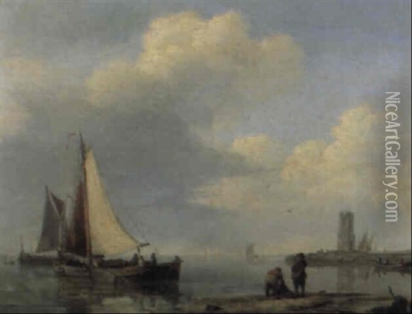 Shipping Vessel In An Estuary Oil Painting - Hermanus Koekkoek the Elder