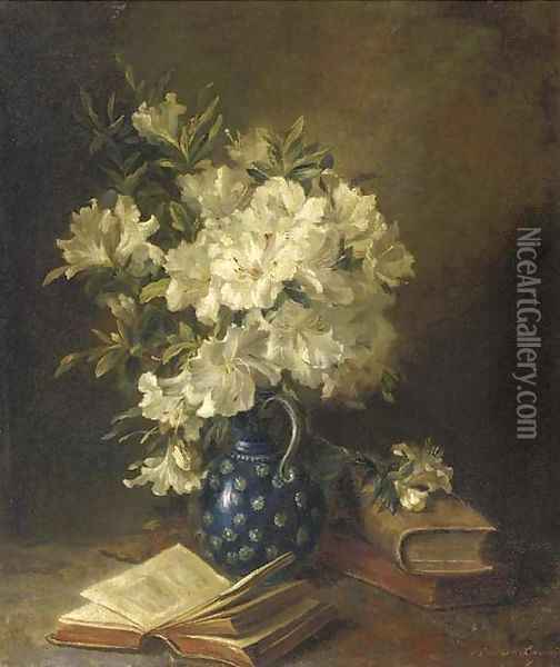 A still life with rhodondendrons in a jug and books Oil Painting - Hendrika Wilhelmina Van Der Kellen