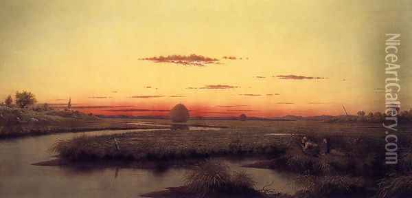 Duck Hunters In A Twilight Marsh Oil Painting - Martin Johnson Heade