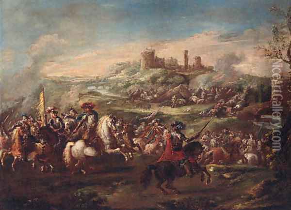 A cavalry battle before a fortified town Oil Painting - Pietro Graziani