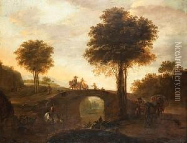 An Italianate River Landscape 
With A Muleteer On A Track And A Horseman Watering His Horse, Travellers
 Crossing A Bridge Beyond Oil Painting - Dirck Willemsz. Stoop