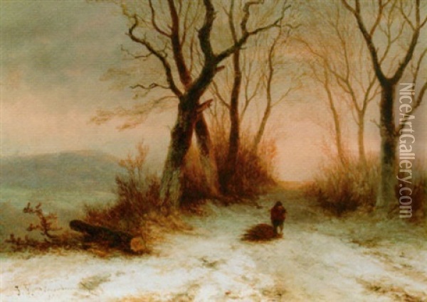 A Woodgatherer In A Winter Landscape Oil Painting - Johannes Franciscus Hoppenbrouwers