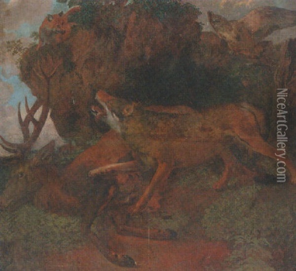 A Wolf With A Dead Stag, Fox And Eagle On A Outcrop Oil Painting - Carl Borromaus Andreas Ruthart