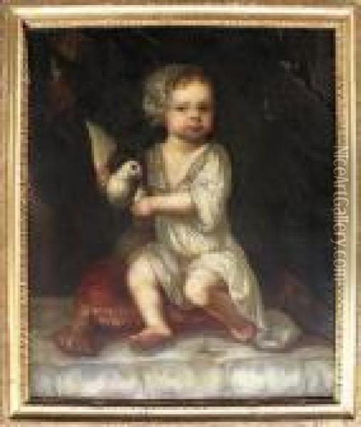 Portrait Of A Young Boy Holding A
 Dove Seated On A Cushion And Another Of A Young Boy Feeding A Parrot Oil Painting - Sir Peter Lely