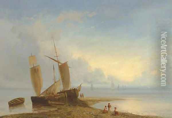 Ships moored at low Tide Oil Painting - Lef Feliksovich Lagorio