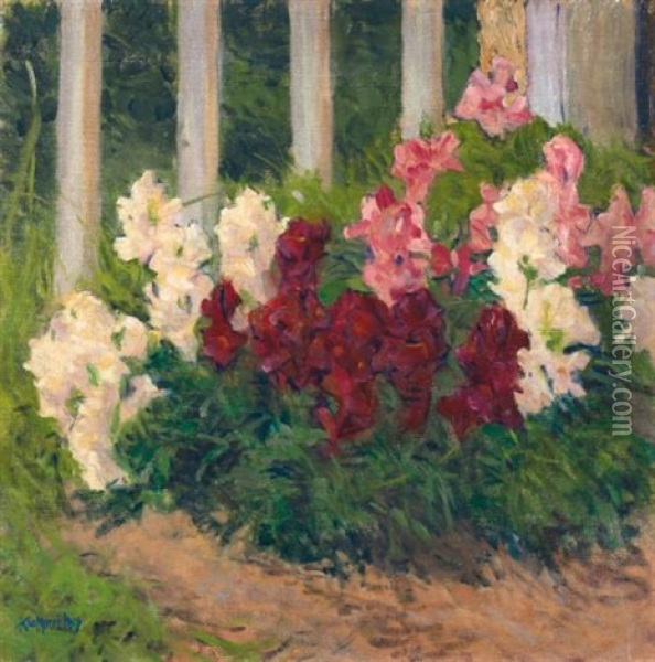 Blumen Vor Gartenzaun (flowers Before A Garden Fence) Oil Painting - Koloman (Kolo) Moser