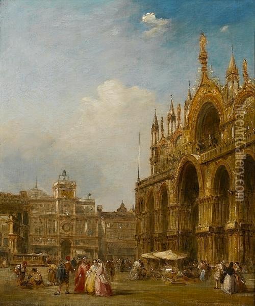 Figures In St Mark's Square; Figures Outside The Basilica Of St Mark Oil Painting - Edward Pritchett